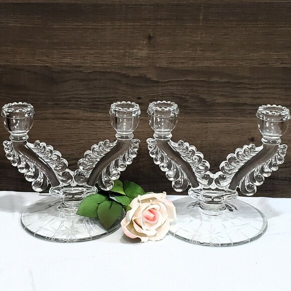 Susquehanna Glass Other - 2 Etched Double Branch Candle Holder Susquehanna Glass 3848 candlestick vintage